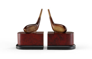 Driver Bookends (Pair) – Antique Brass Golf Club Sculptures on Wood Plinths