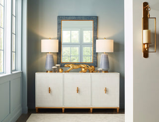Cobalt Blue and White Glazed Porcelain Table Lamp with Antique Gold Leaf Base - Hive Lamp, 28.5" Height, Off-White Linen Shade