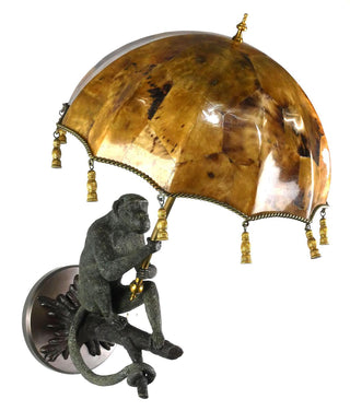 Maitland-Smith Parasol Sconce Pair with Verdigris Brass Monkeys and Penshell Shades