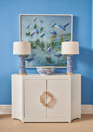 Jean White Lacquer Credenza with Gold Leaf and Shelves