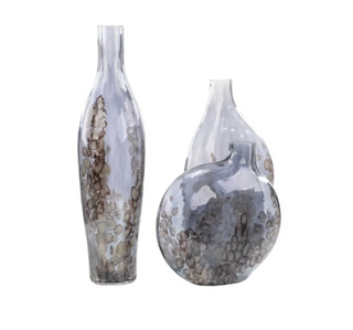 Set of 3 Sky Grey Crackled Glass Vases