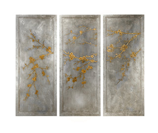 Cherry Blossom Panels (Set of 3), Hand-Painted Triptych with Antique Silver Leaf Finish