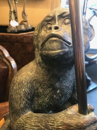 Parasol Monkey Lamp – Verdigris Patina Finish with Inlaid Penshell Shade (31" Tall)