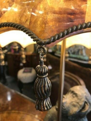 Parasol Monkey Lamp – Verdigris Patina Finish with Inlaid Penshell Shade (31" Tall)