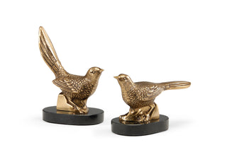 Plinthed Birds (Pair) – 6” Tall Solid Cast Brass Sculptures with Antique Patina on Black Marble Base
