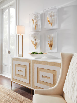 Sloan Street Cabinet - White & Natural Grasscloth and Wood, Push-Open Doors, 36" Height