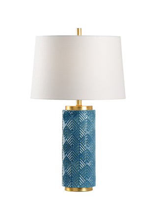 Mountain Pine Lamp – Light Denim Glazed Ceramic Table Lamp with Antique Gold Leaf Mounting