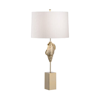 Gold Shell Wishes Lamp – Polished Brass Coastal Lamp with Raw Silk Shade