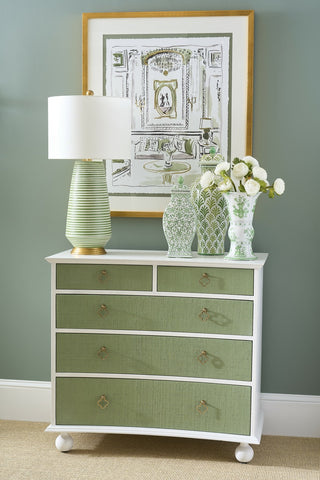 Maxwell Chest - 5-Drawer Storage with White Raffia and Antique Brass Hardware