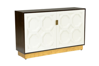 Ponzio Cabinet – Modern Dark Brown and Cream Cabinet with Brass Handles and Antique Gold Leaf Base