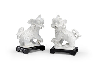 White Chinese Dogs – White Crackle Glazed Ceramic with Black Composite Base, 13.5" Decorative Sculptures (Pair)