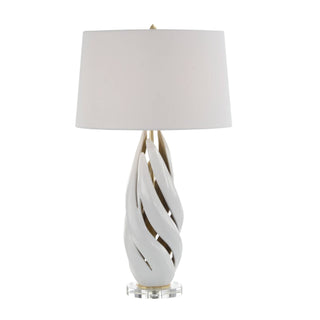 Swirl Table Lamp – White with Gold Leaf Interior, Crystal Base, 31.25" Height