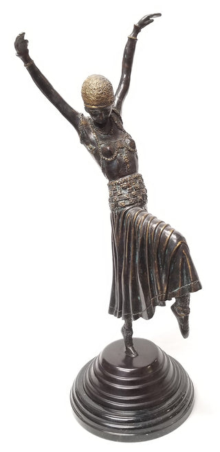 Maitland Smith  Highlighted Verdigris Patina Brass Female Dancer on Black Marble Base