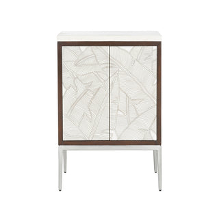 Banana Leaf Cabinet - Oak Veneer with White Agate Palm Leaf Detail & Antique Silver Finish