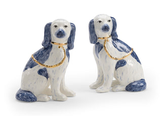 Roxie Twins - Blue (Pair) – Staffordshire-Inspired Ceramic Dogs with Blue & Metallic Gold Finish, 9" Tall