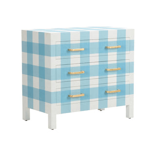 Gracious Chest - White/Blue Raffia with Gold Leaf Pulls, Elegant Three-Drawer Storage