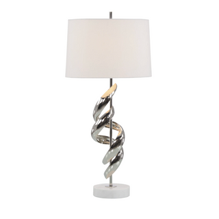 Ribbon Table Lamp in Nickel – White Marble Base, 32.5" Height, Polished Nickel Ribbons