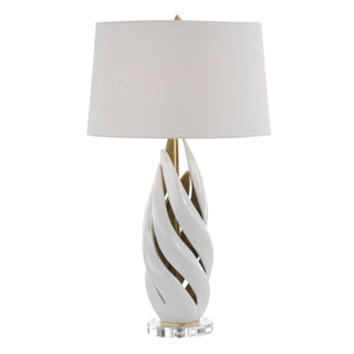 Swirl Table Lamp – White with Gold Leaf Interior, Crystal Base, 31.25" Height