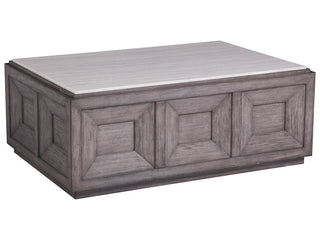 Dictum Rectangular Cocktail Table - Italian Travertine Top & Wire-Brushed Mahogany Base