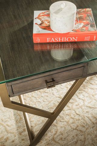 Interlaken Desk - Writing Desk with Glass Top, Mahogany Solids, and Metallic Accents for Office