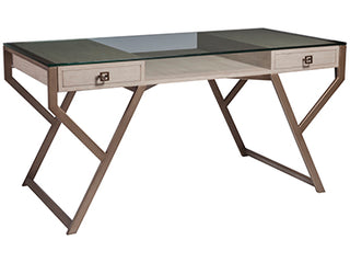 Interlaken Desk - Writing Desk with Glass Top, Mahogany Solids, and Metallic Accents for Office