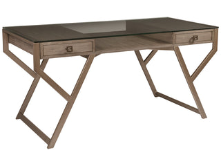 Interlaken Desk - Writing Desk with Glass Top, Mahogany Solids, and Metallic Accents for Office