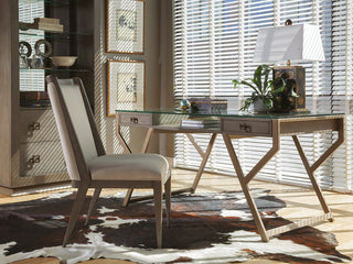 Interlaken Desk - Writing Desk with Glass Top, Mahogany Solids, and Metallic Accents for Office