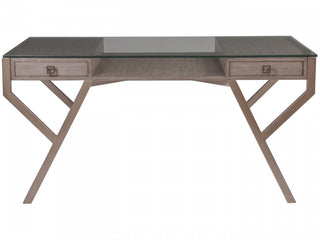 Interlaken Desk - Writing Desk with Glass Top, Mahogany Solids, and Metallic Accents for Office