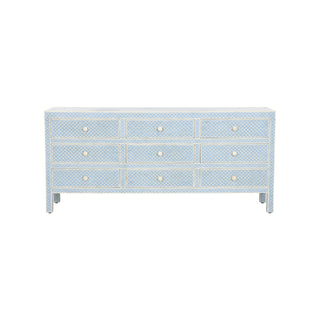 Milford Dresser - White & Blue Bone Inlay, Fish Scale Pattern, 9 Drawers, 35" Height, Artisan Crafted