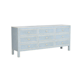 Milford Dresser - White & Blue Bone Inlay, Fish Scale Pattern, 9 Drawers, 35" Height, Artisan Crafted