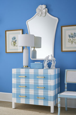 Gracious Chest - White/Blue Raffia with Gold Leaf Pulls, Elegant Three-Drawer Storage