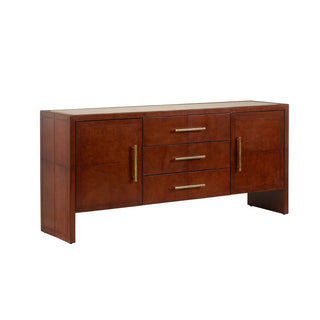 Santino Buffet - Leather-Covered Exterior with Natural Travertine Top, Elegant Storage Solution