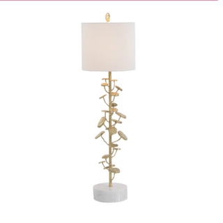 Brass-Plated Table Lamp with White Marble Base and Linen Shade