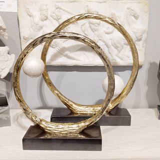 Anello di Perle Sculpture, Champagne Aluminum Ring with Pearl White Marble Orb on Iron Base, Large