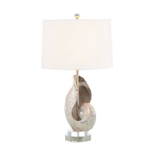 Nautilus Seashell Table Lamp with Nickel Finish and Linen Shade