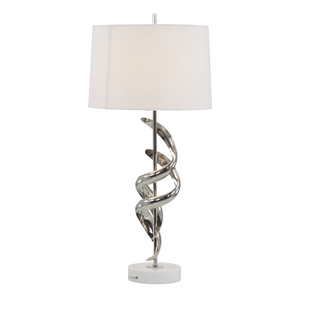 Ribbon Table Lamp in Nickel – White Marble Base, 32.5" Height, Polished Nickel Ribbons