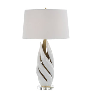 Swirl Table Lamp – White with Gold Leaf Interior, Crystal Base, 31.25" Height