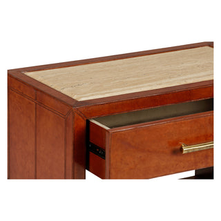 Santino Nightstand - Leather-Covered with Natural Travertine Top, Single Drawer & Shelf