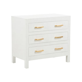 Gracious Chest - White/Blue Raffia with Gold Leaf Pulls, Elegant Three-Drawer Storage