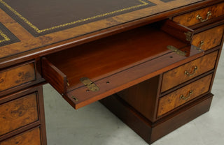 English Pedestal Desk w/Leather Burl