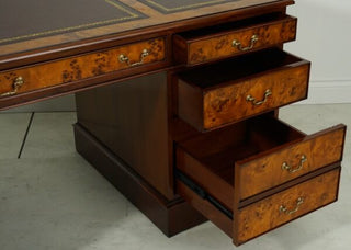 English Pedestal Desk w/Leather Burl