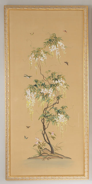 Flowering Tree Panel – Hand-Painted Watercolor on Silk with Gold Frame and Glass (65" x 31.5")