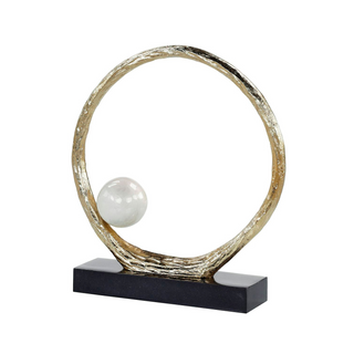 Anello di Perle Sculpture, Champagne Aluminum Ring with Pearl White Marble Orb on Iron Base, Large