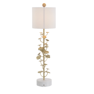 Brass-Plated Table Lamp with White Marble Base and Linen Shade