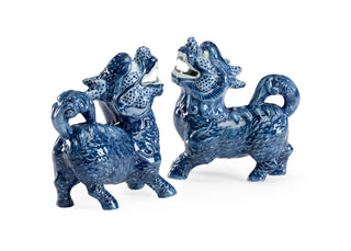 Blue Foo Dogs (Pair) – Hand-Painted Ceramic Figures with Blue and White Glaze, 7.5" Tall