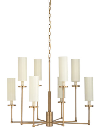 Stiletto Chandelier – Antique Brass with Ivory Cylinder Shades