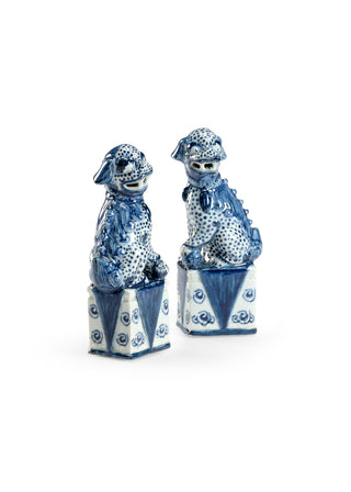 Blue and White Palace Dogs – Hand-Painted Porcelain Pair