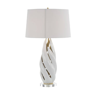 Swirl Table Lamp – White Body with Gold Leaf Interior, Crystal Base, 31.25" Height