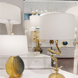 Brass-Plated Table Lamp with White Marble Base and Linen Shade