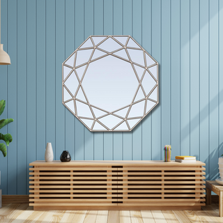 Silver Geometric Octagon Mirror - Criss Cross Frame - Exotic Silver Finish